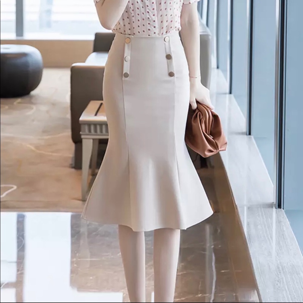 Women high waist double breasted pencil straight midi mermaid office skirt